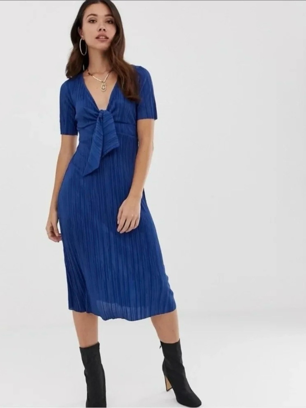 ASOS Design Plisse Tea Midi Dress, Royal Blue, Size 14